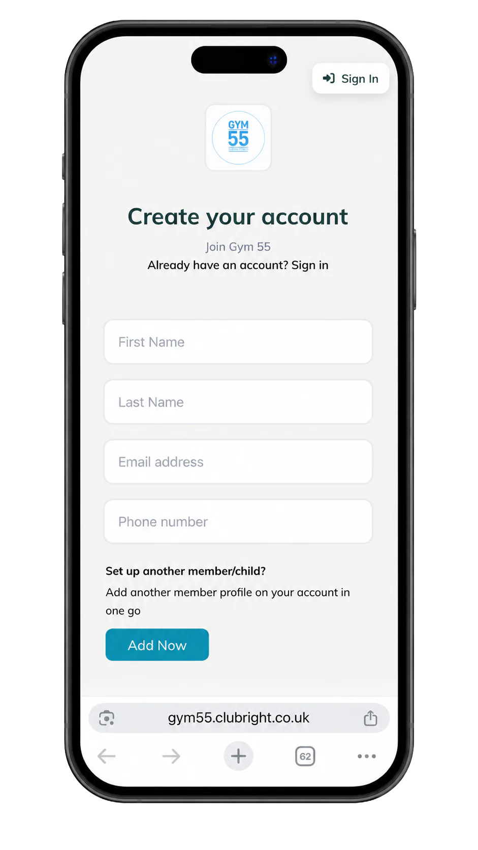 Gym55 app step 1: Create your account