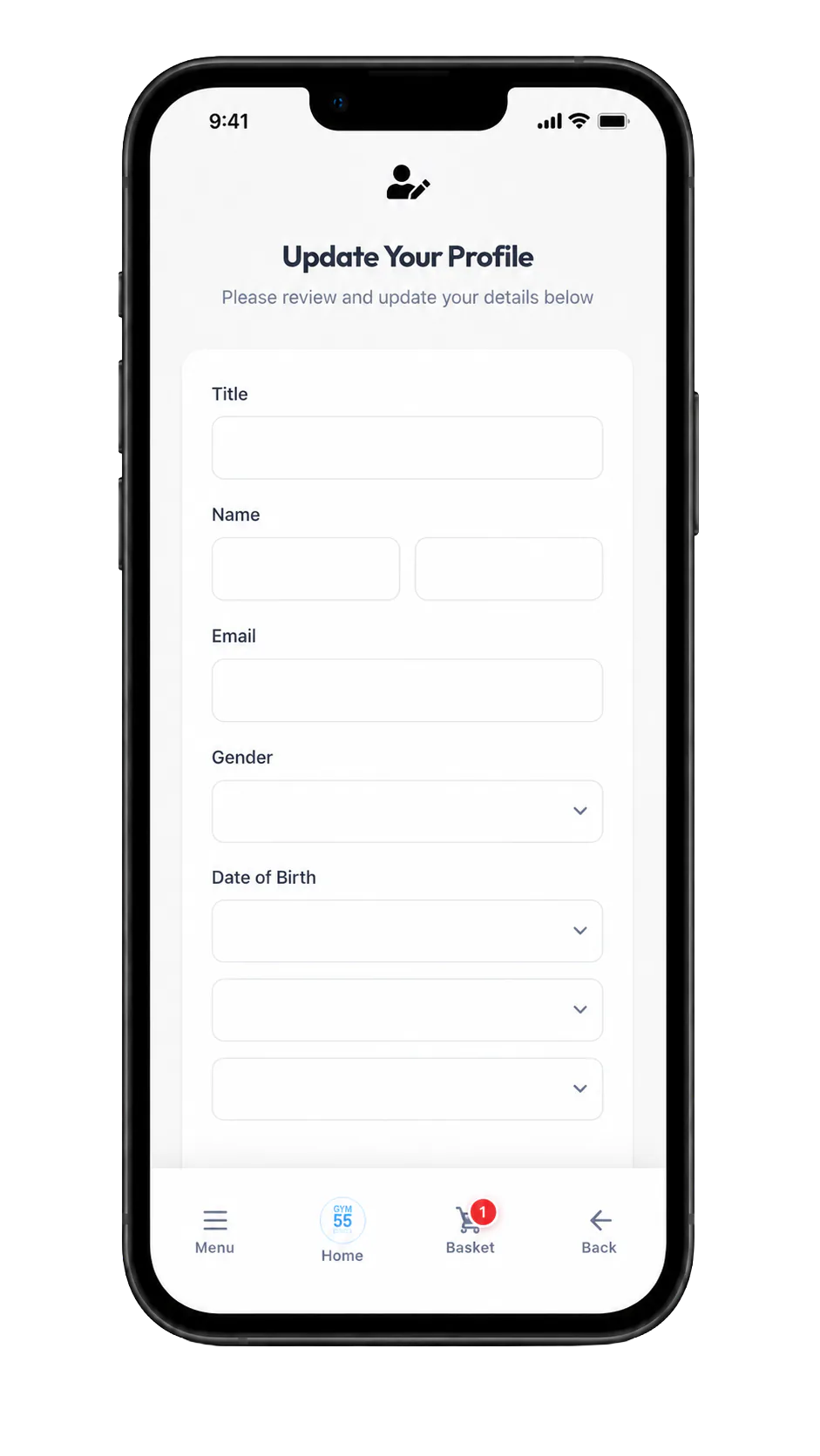 Gym55 app step 5: Update your profile