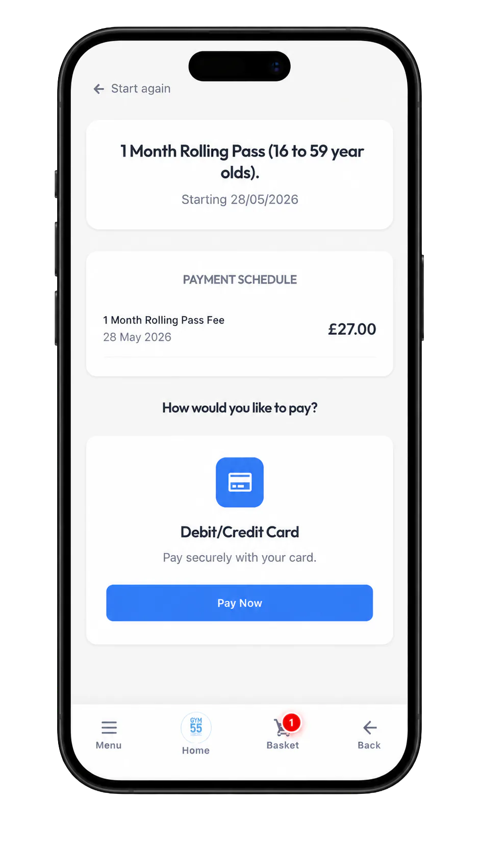 Gym55 app step 6: Choose payment