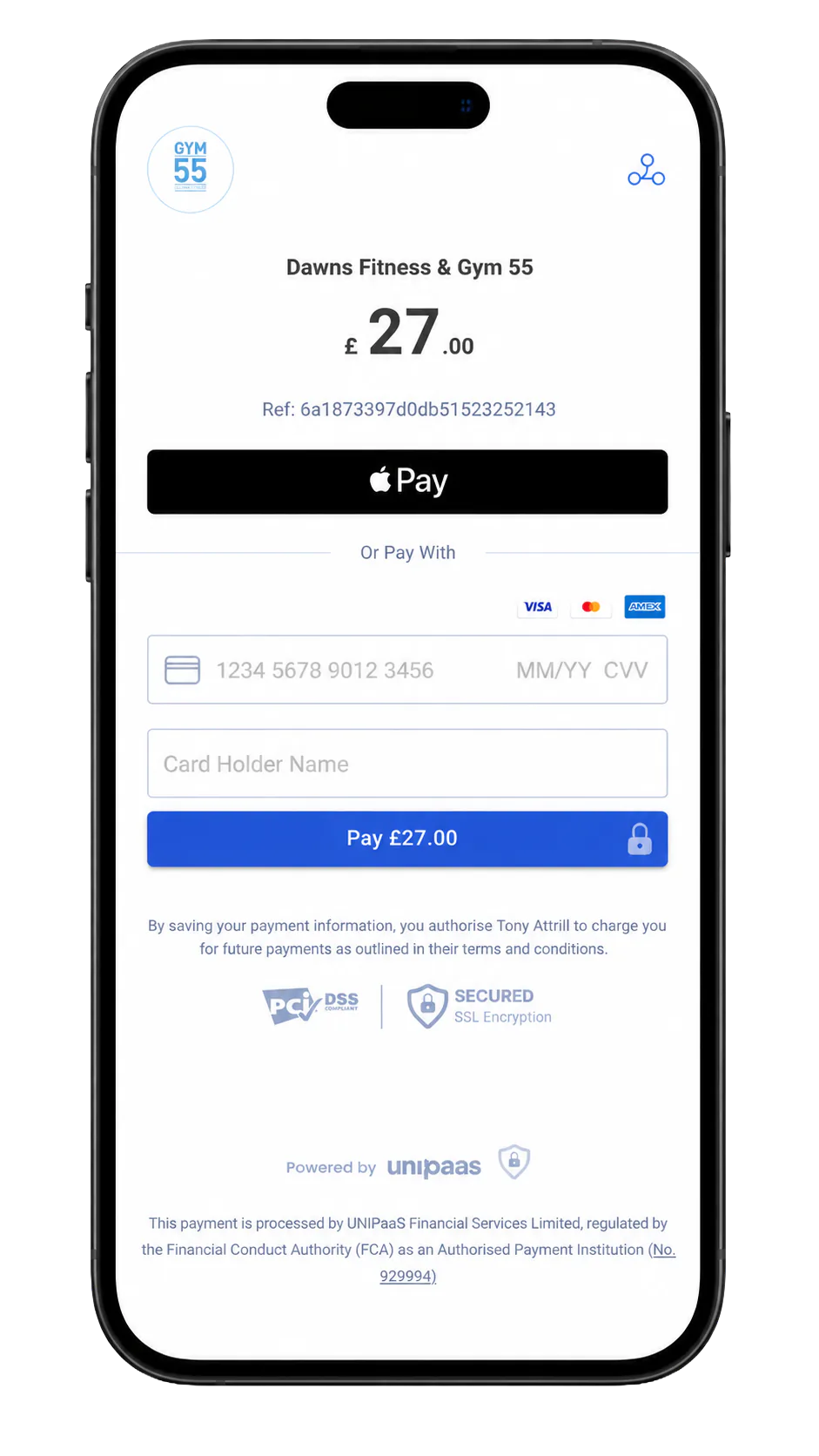 Gym55 app step 7: Secure payment